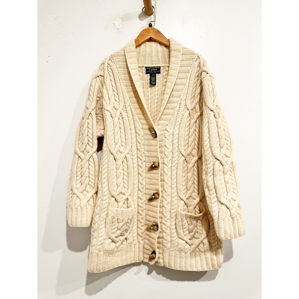 Ralph Lauren Cream Cable Knit Cardigan - Small Fisherman Core/Old Money/Coastal